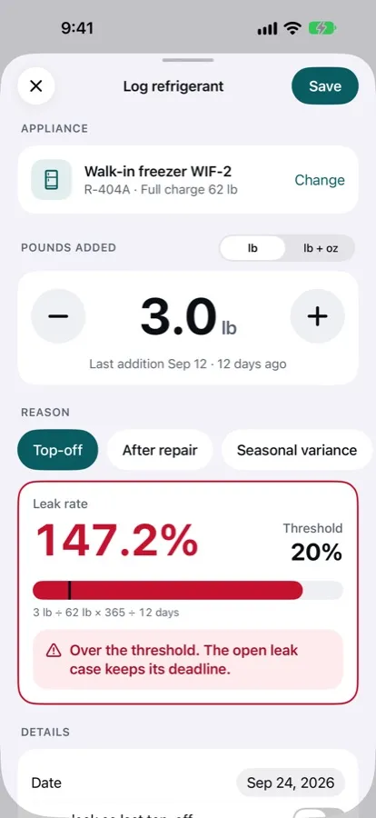 Log refrigerant sheet with a live leak rate preview before saving